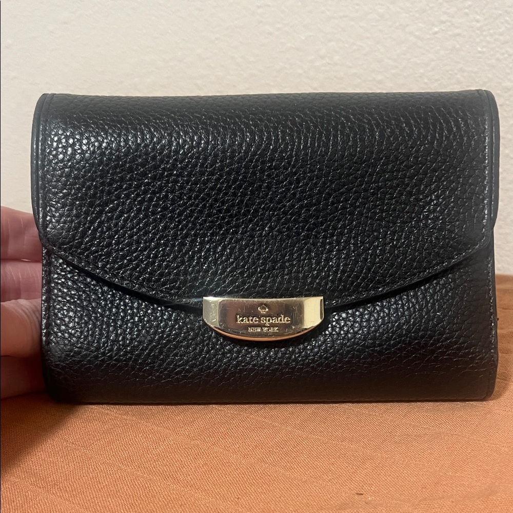 Kate Spade Black Pebbled Leather Tri-fold Wallet with Gold